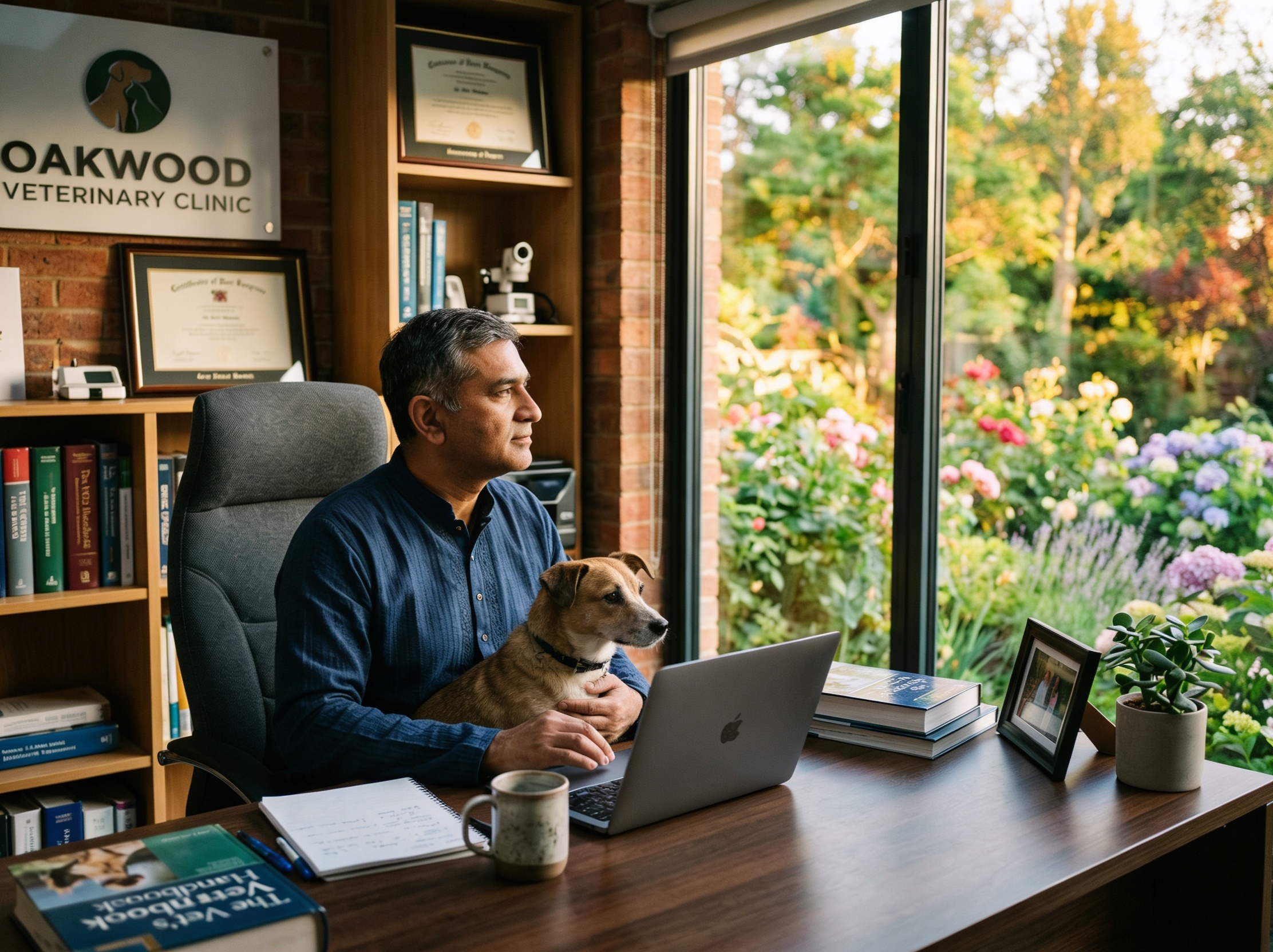 A veterinary practice owner sits at his desk with a dog in his lap, gazing out a window, reflecting on the future of his practice.